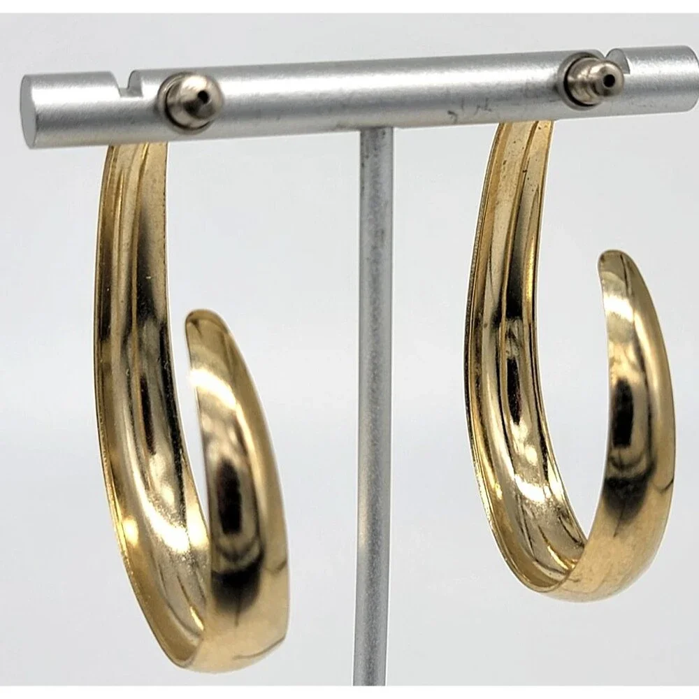 Gold Tone Oval Hoop Earrings Large Polished Unmarked Statement Jewelry Vintage S